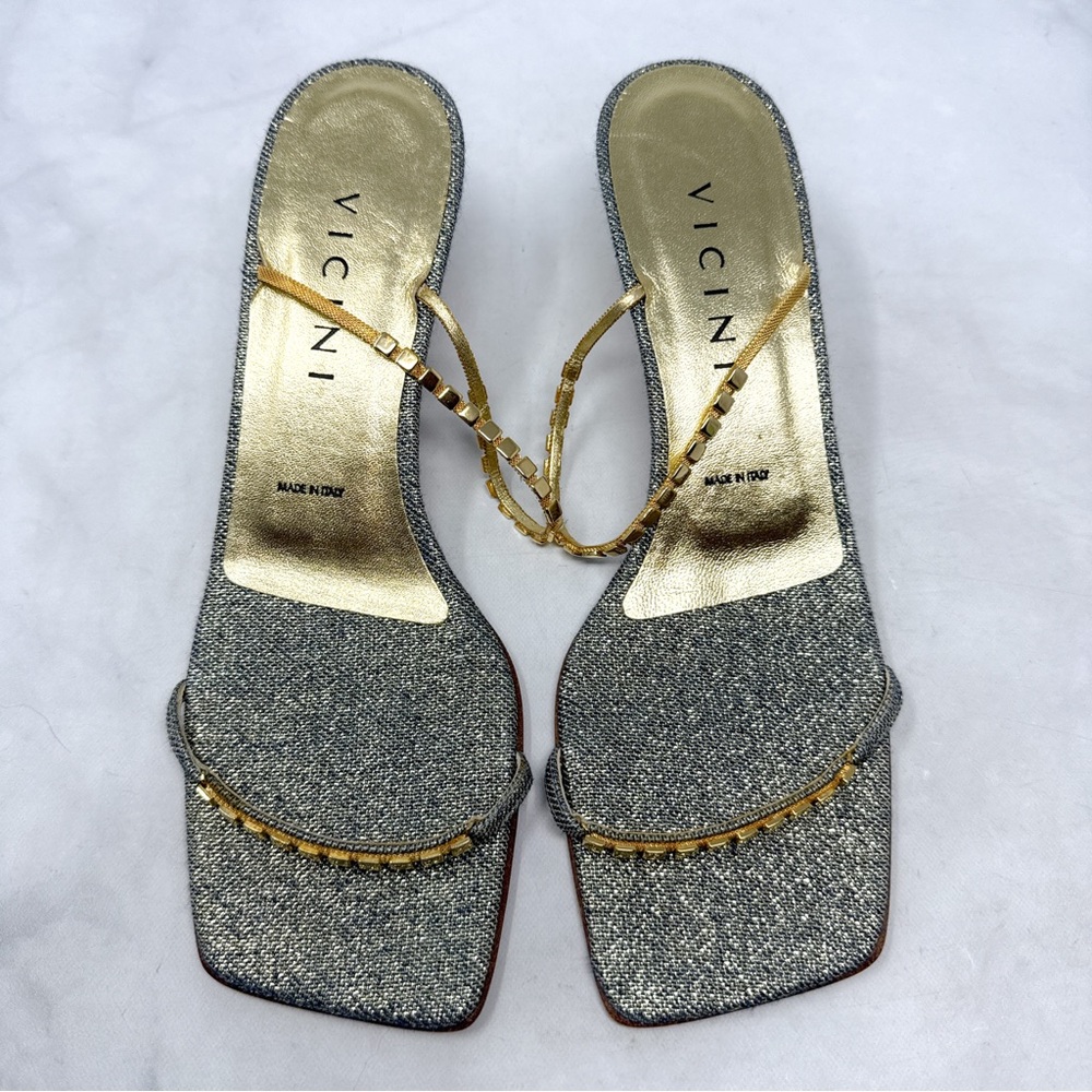 NEW Vicini by Giuseppe Zanotti Glitter Denim Low Kitten Heel Mule Sandal Gold 40 - Picture 3 of 16